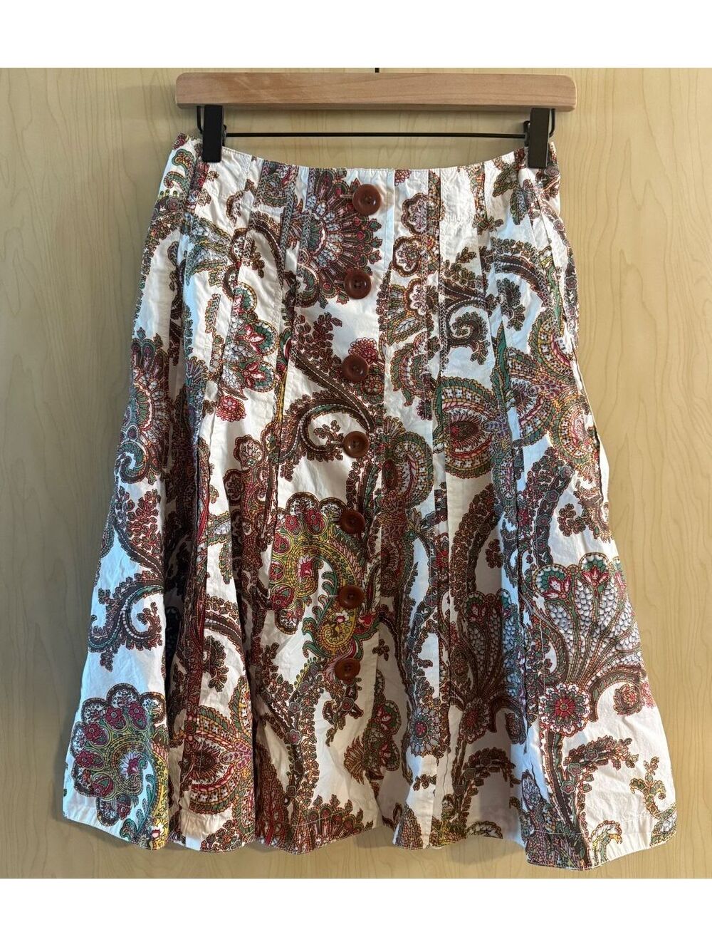 Y2K CAbi cotton paisley pleated button-front A-line skirt knee lengthsize 2